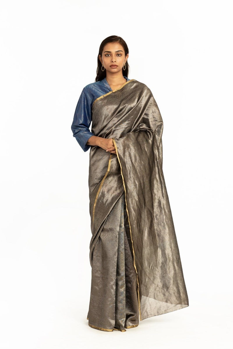 Handwoven Black Silver Metallic Chevron Saree by Akaaro for women Worldwide