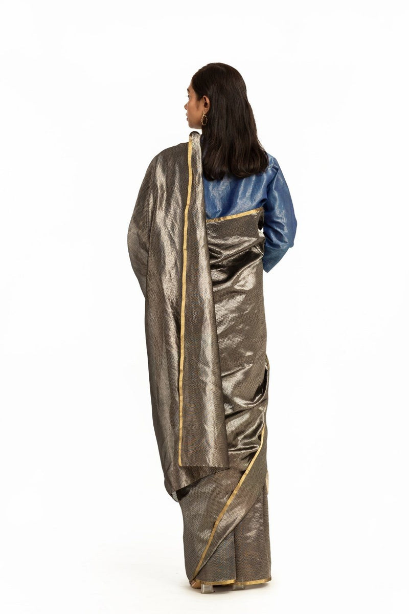 Handwoven Black Silver Metallic Chevron Saree by Akaaro for women Worldwide