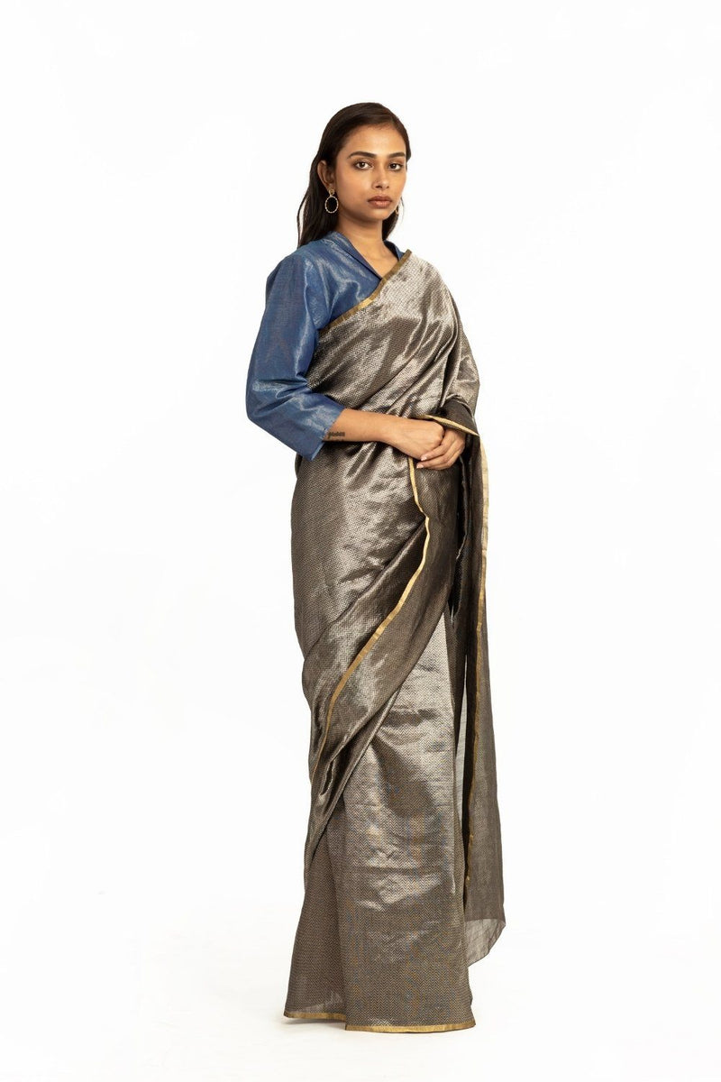 Handwoven Black Silver Metallic Chevron Saree by Akaaro for women Worldwide