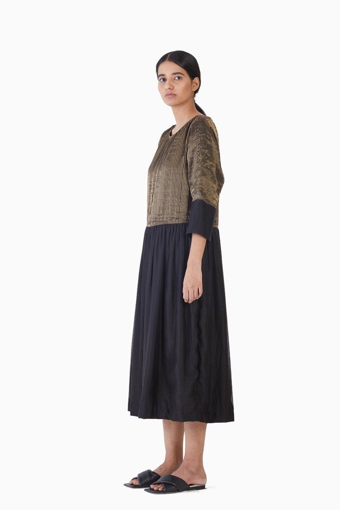Handwoven Black Stirped Buttoned Placket Dress by Akaaro for women Worldwide