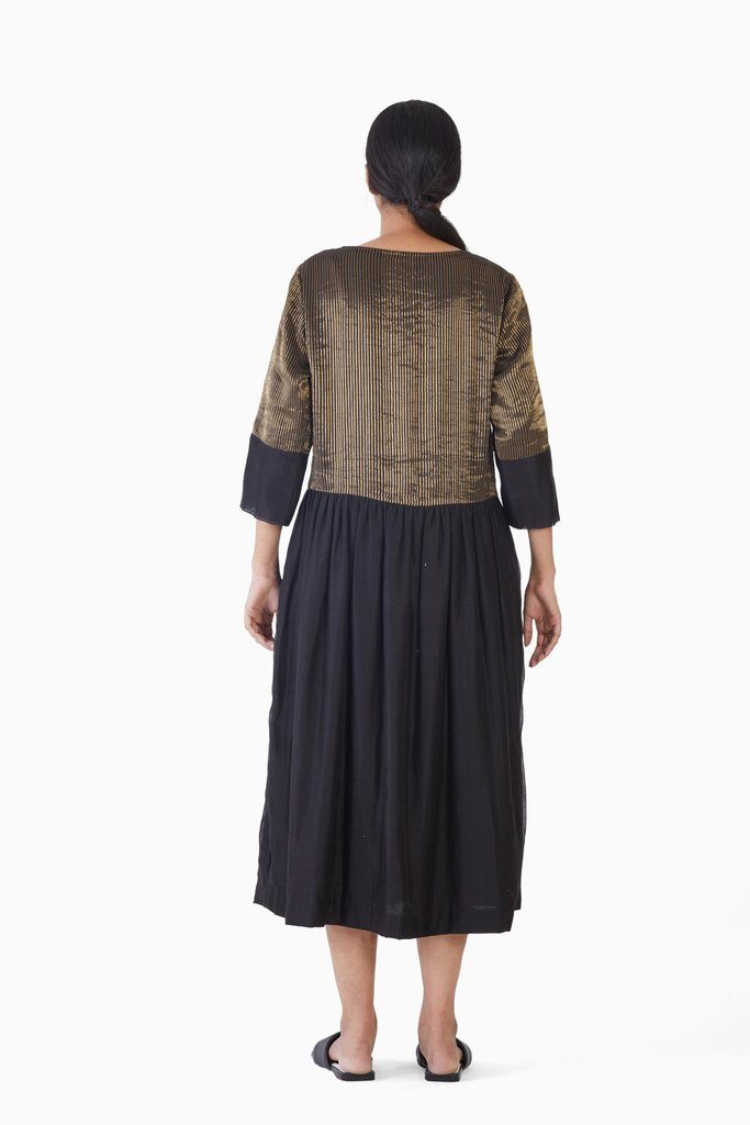 Handwoven Black Stirped Buttoned Placket Dress by Akaaro for women Worldwide