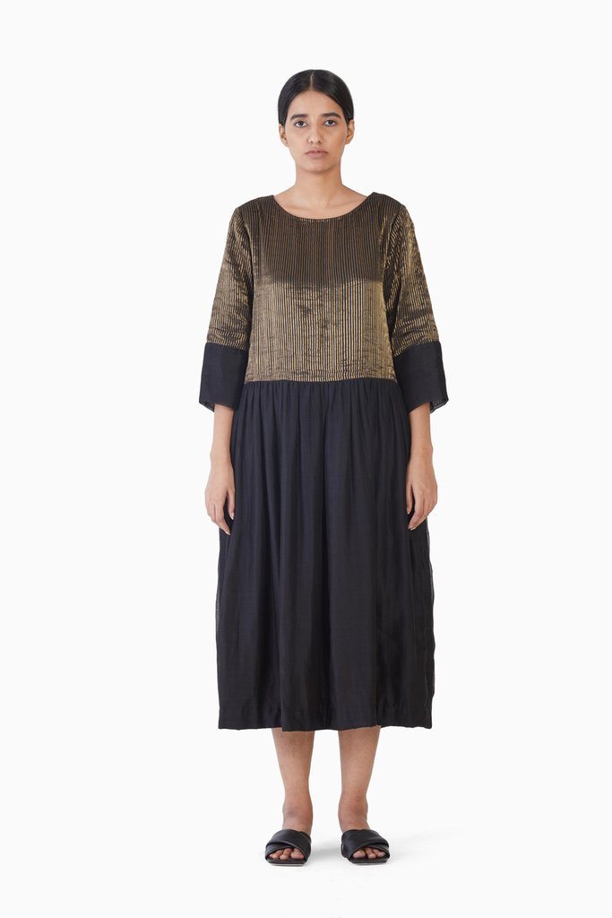 Handwoven Black Stirped Buttoned Placket Dress by Akaaro for women Worldwide