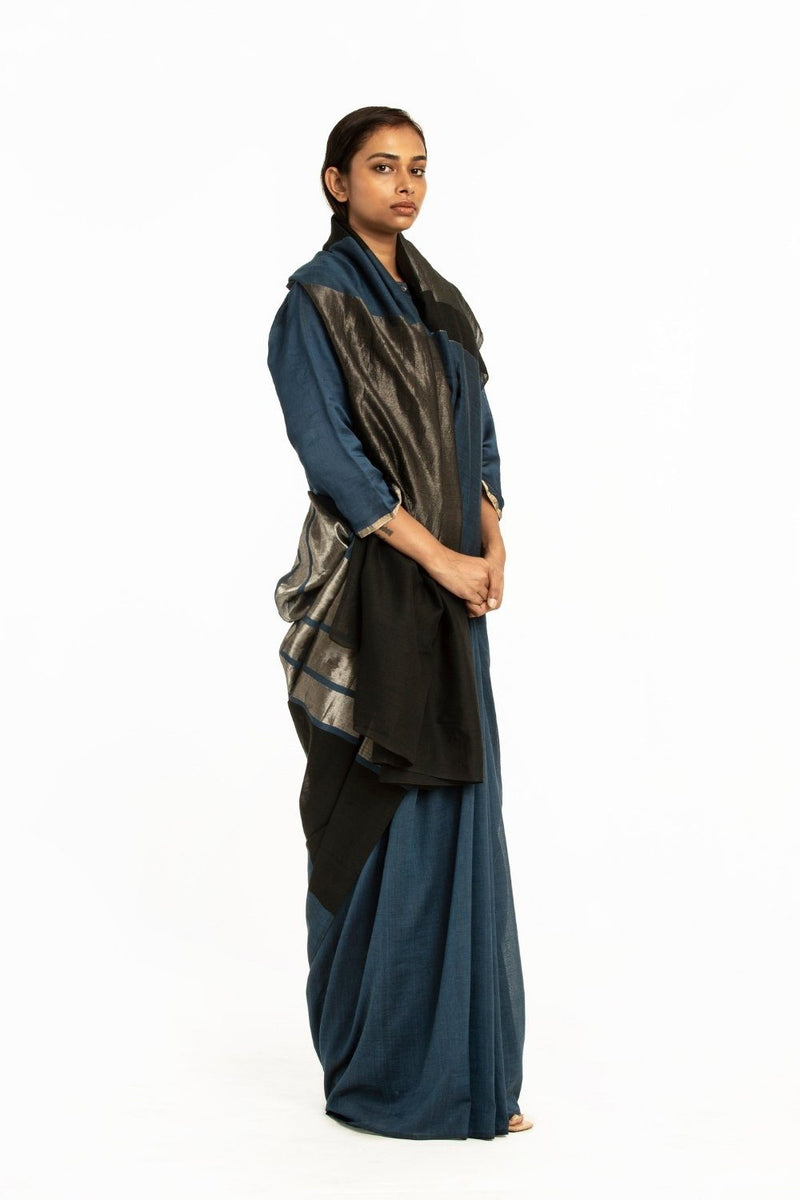Handwoven Blue Black Engineered Cotton Saree by Akaaro for women Worldwide