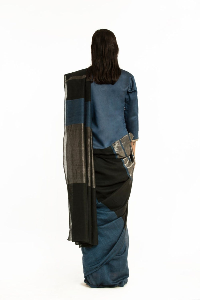 Handwoven Blue Black Engineered Cotton Saree by Akaaro for women Worldwide