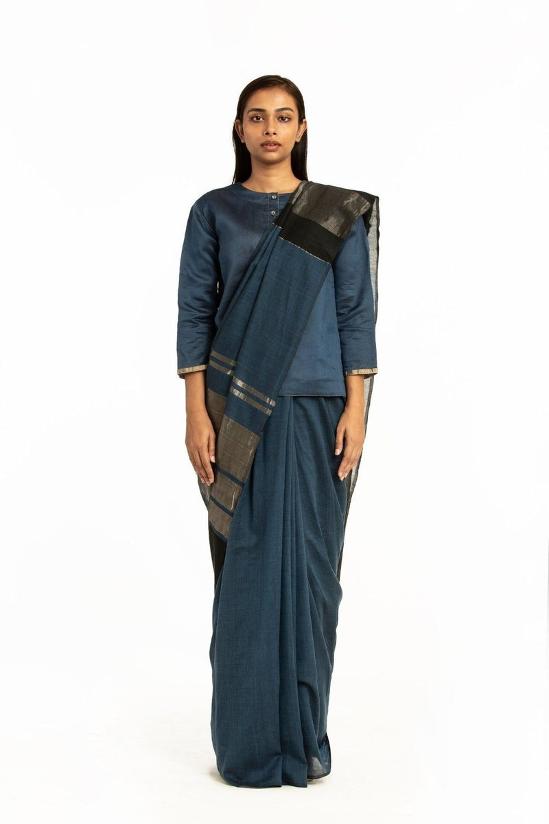 Handwoven Blue Black Engineered Cotton Saree by Akaaro for women Worldwide