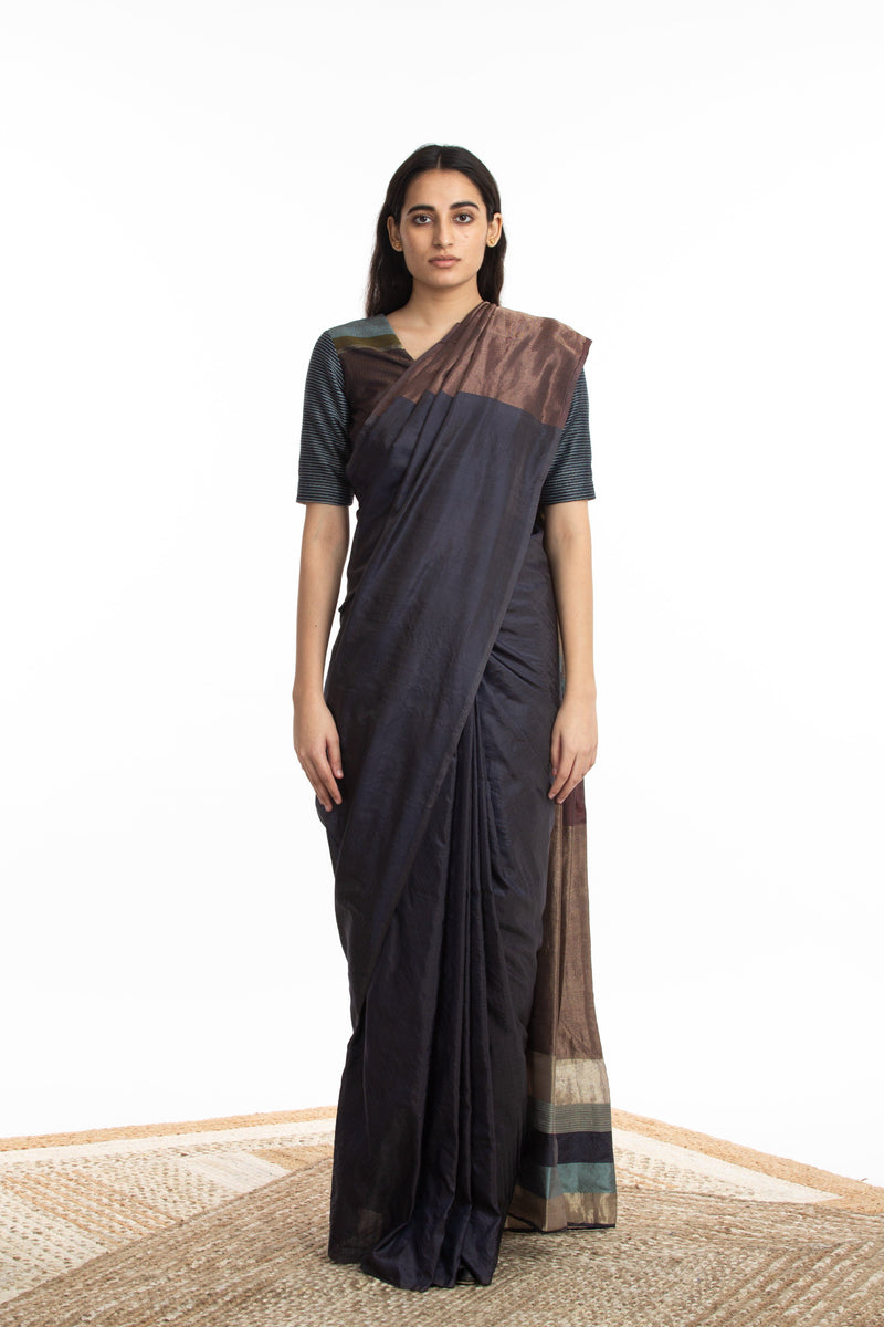 Handwoven Blue Chatai Engineered Silk Saree by Akaaro for women Worldwide
