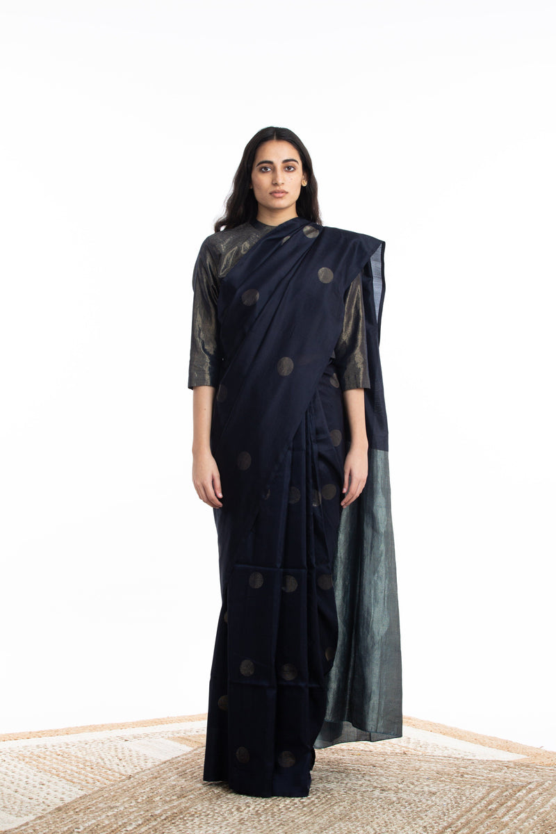 Handwoven Blue Circle Silk Saree by Akaaro for women Worldwide