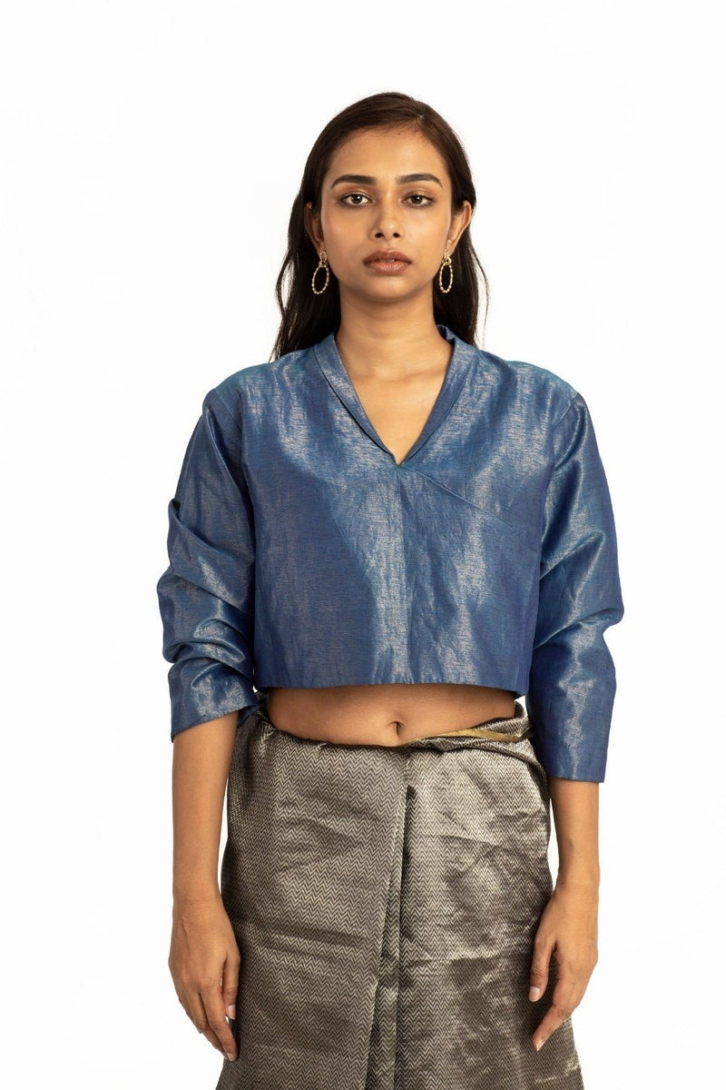 Handwoven Blue Collared Shameem Blouse by Akaaro for women Worldwide