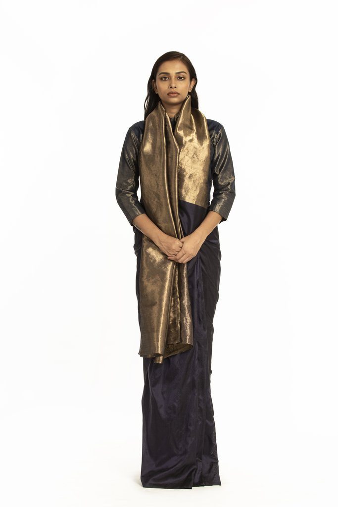 Handwoven Blue Gold Zari Palla Saree by Akaaro for women Worldwide