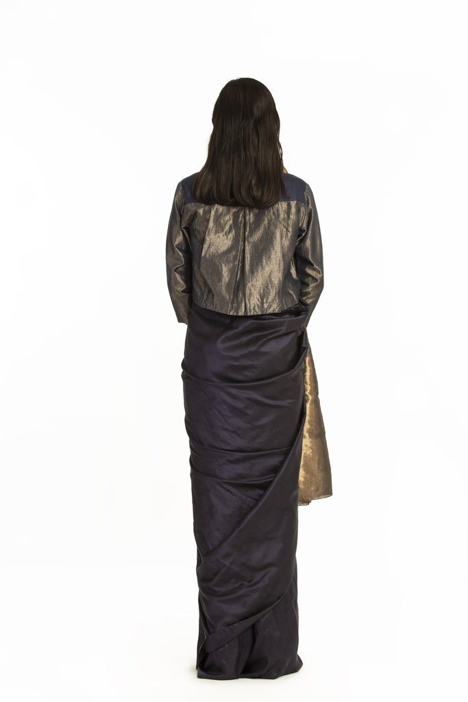 Handwoven Blue Gold Zari Palla Saree by Akaaro for women Worldwide