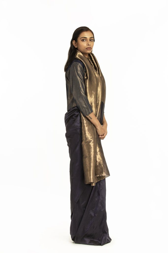 Handwoven Blue Gold Zari Palla Saree by Akaaro for women Worldwide