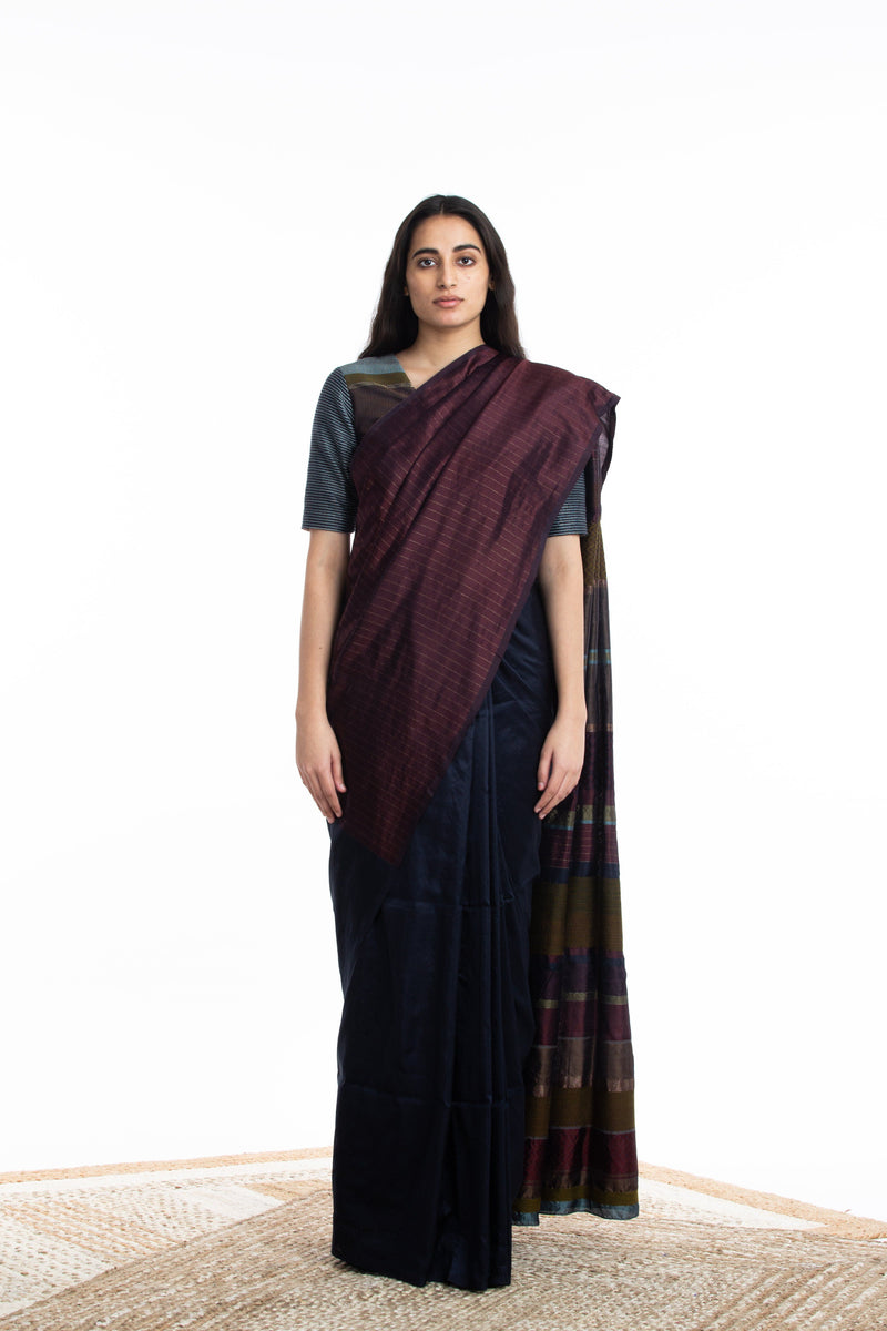 Handwoven Blue Maroon Engineered Silk Saree by Akaaro for women Worldwide