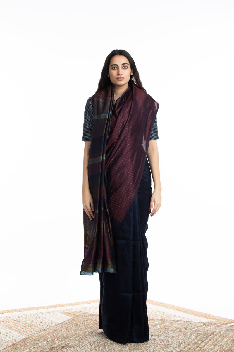 Handwoven Blue Maroon Engineered Silk Saree by Akaaro for women Worldwide