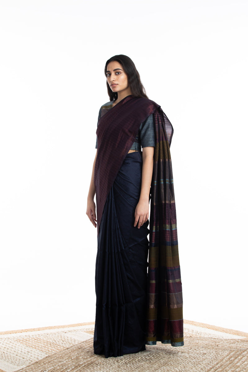 Handwoven Blue Maroon Engineered Silk Saree by Akaaro for women Worldwide