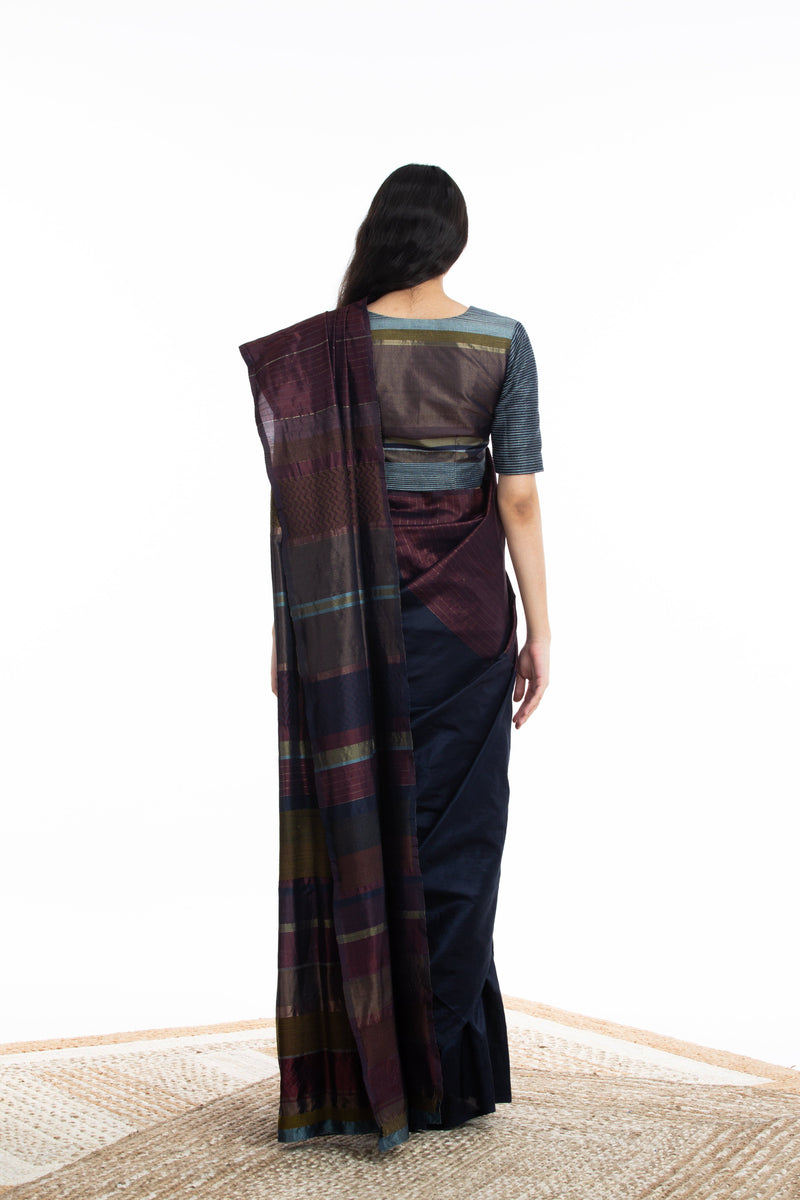 Handwoven Blue Maroon Engineered Silk Saree by Akaaro for women Worldwide