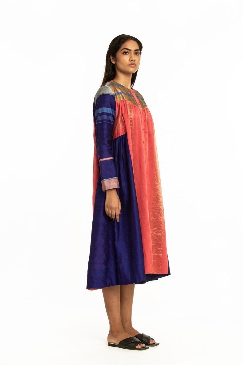 Handwoven Blue Pink Front Back Gathered Dress by Akaaro for women Worldwide