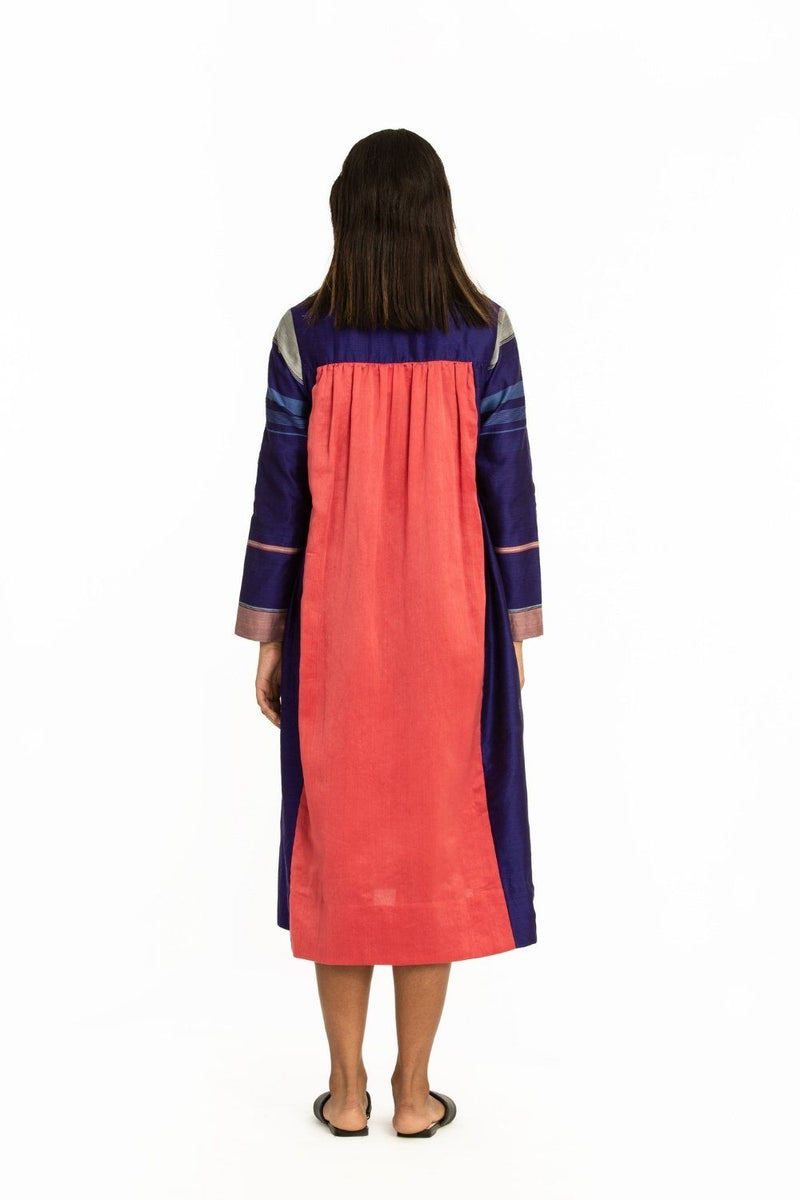 Handwoven Blue Pink Front Back Gathered Dress by Akaaro for women Worldwide