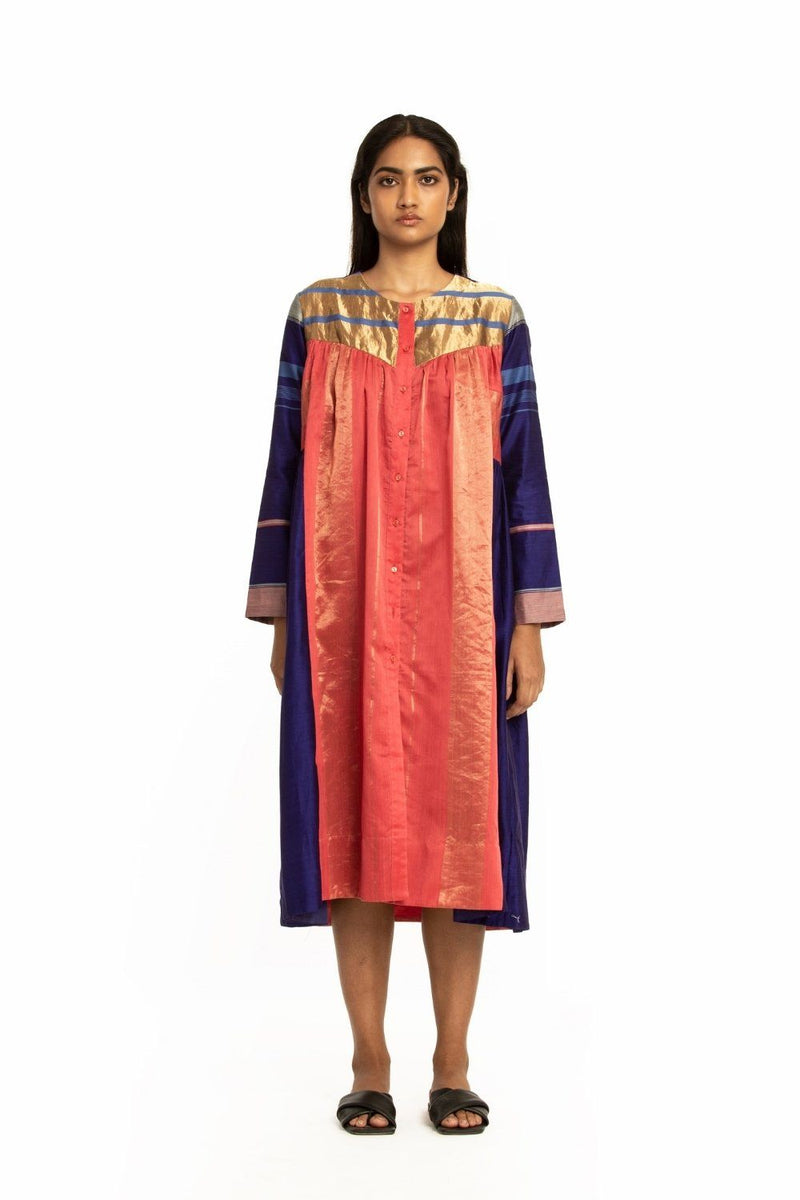 Handwoven Blue Pink Front Back Gathered Dress by Akaaro for women Worldwide