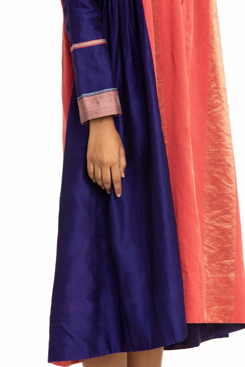 Handwoven Blue Pink Front Back Gathered Dress by Akaaro for women Worldwide