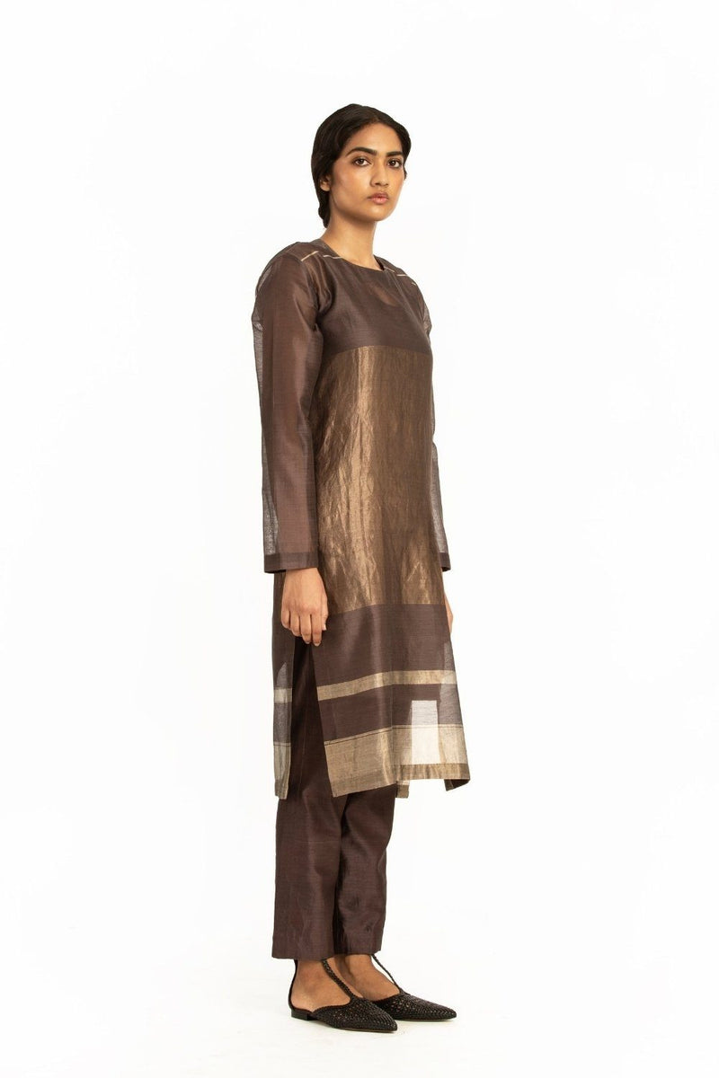 Handwoven Brown Engineered Sheer Straight Kurta by Akaaro for women Worldwide