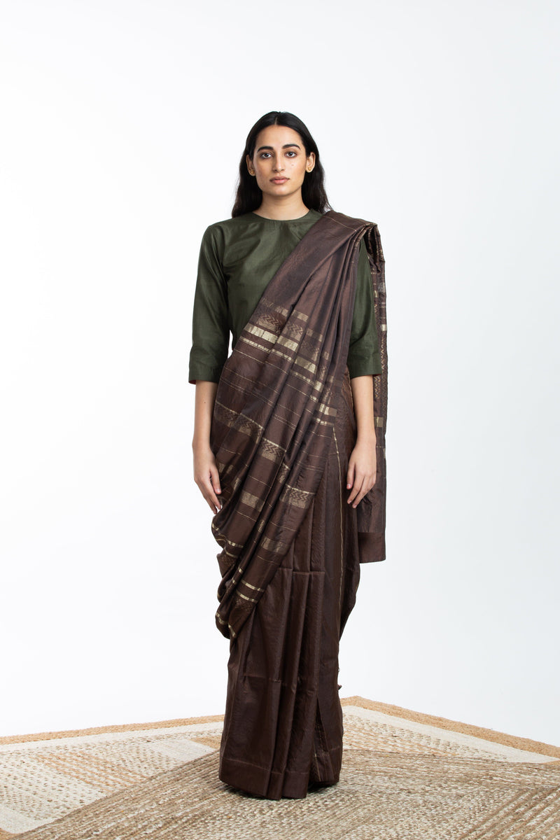 Handwoven Brown Engineered Silk Saree by Akaaro for women Worldwide