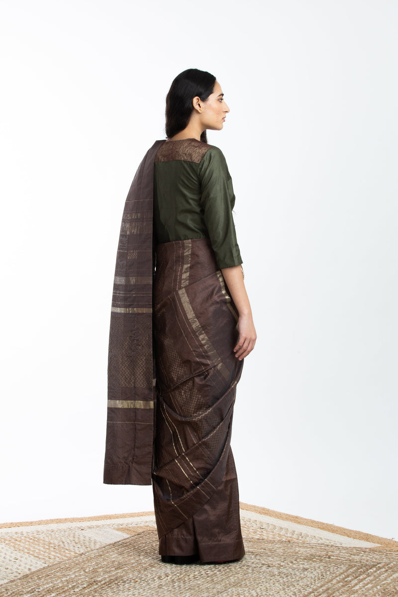 Handwoven Brown Engineered Silk Saree by Akaaro for women Worldwide