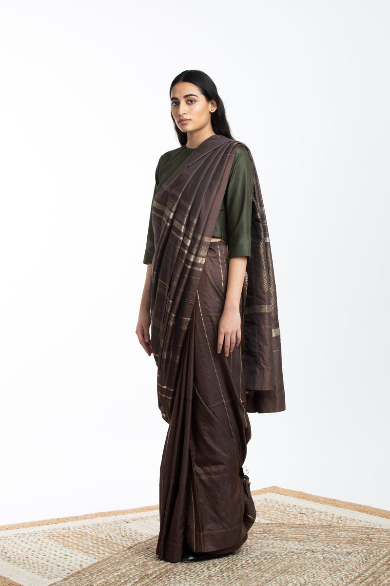 Handwoven Brown Engineered Silk Saree by Akaaro for women Worldwide