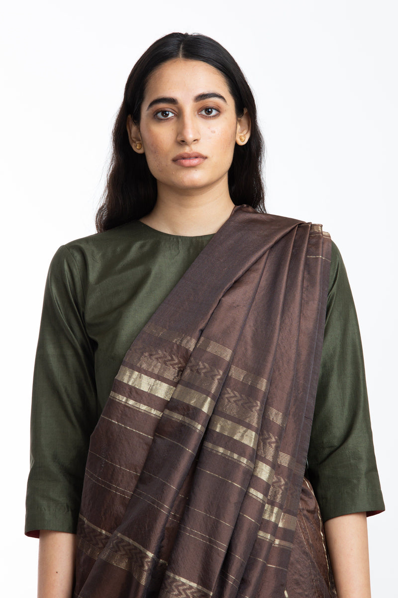 Handwoven Brown Engineered Silk Saree by Akaaro for women Worldwide