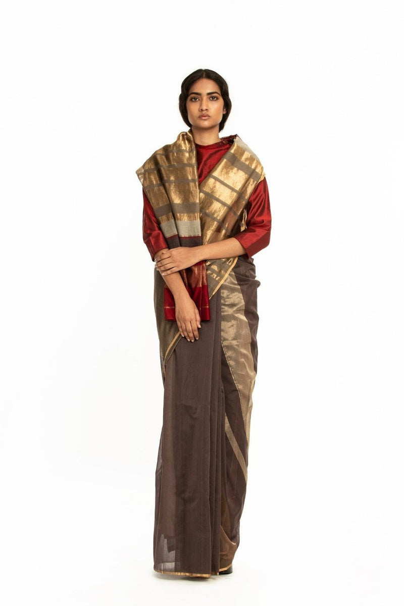 Handwoven Brown Red Gold Engineered Saree by Akaaro for women Worldwide