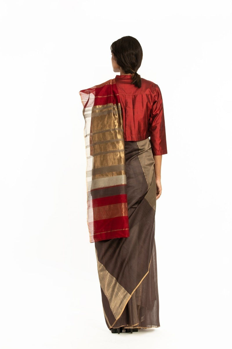 Handwoven Brown Red Gold Engineered Saree by Akaaro for women Worldwide