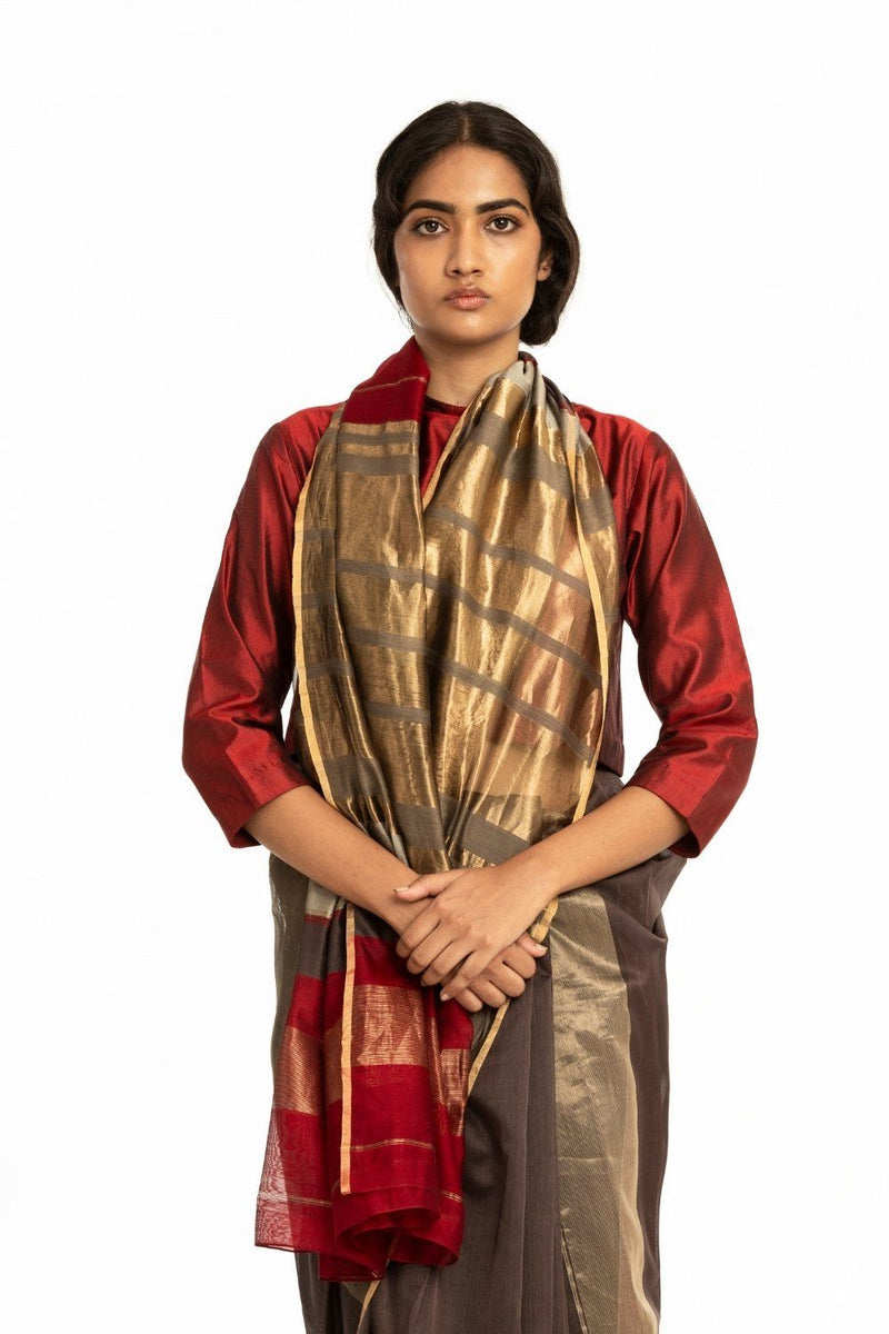 Handwoven Brown Red Gold Engineered Saree by Akaaro for women Worldwide