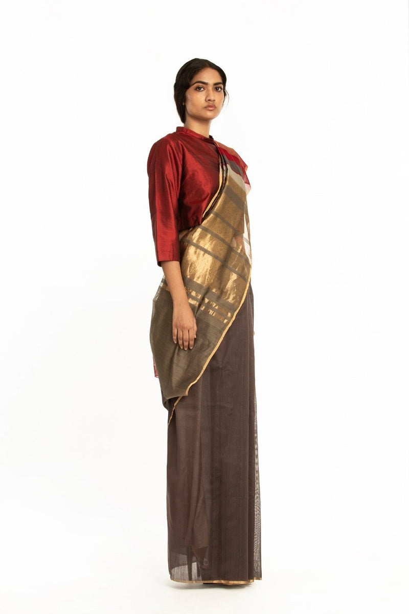 Handwoven Brown Red Gold Engineered Saree by Akaaro for women Worldwide