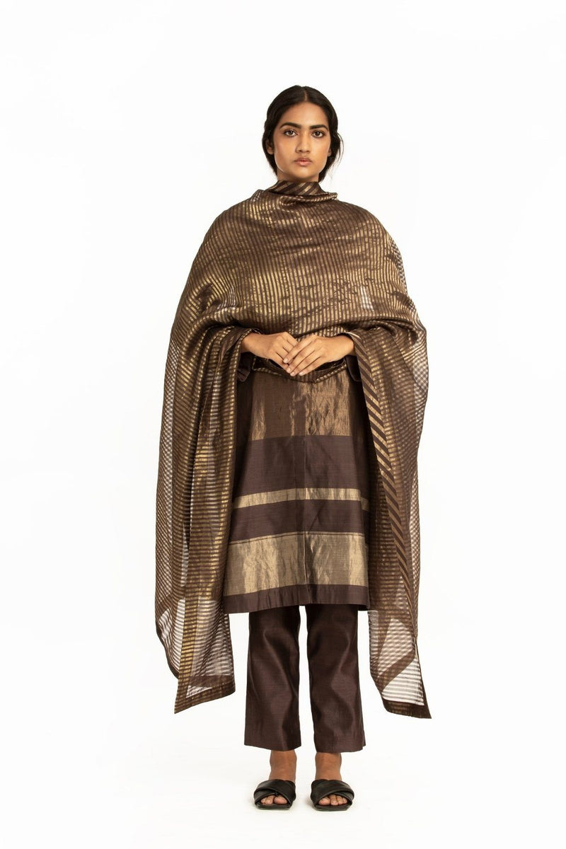 Handwoven Brown Striped Silk Zari Dupatta by Akaaro for women Worldwide