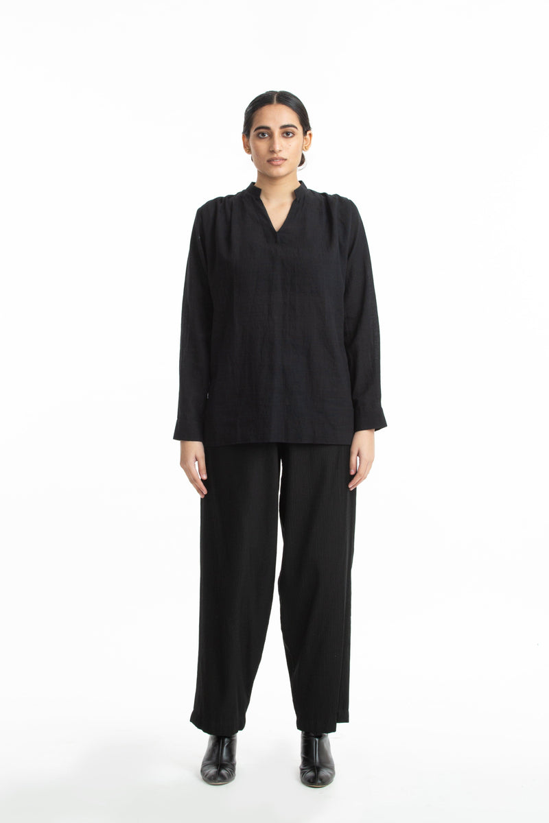 Handwoven Collared Black Cotton Top by Akaaro for women Worldwide