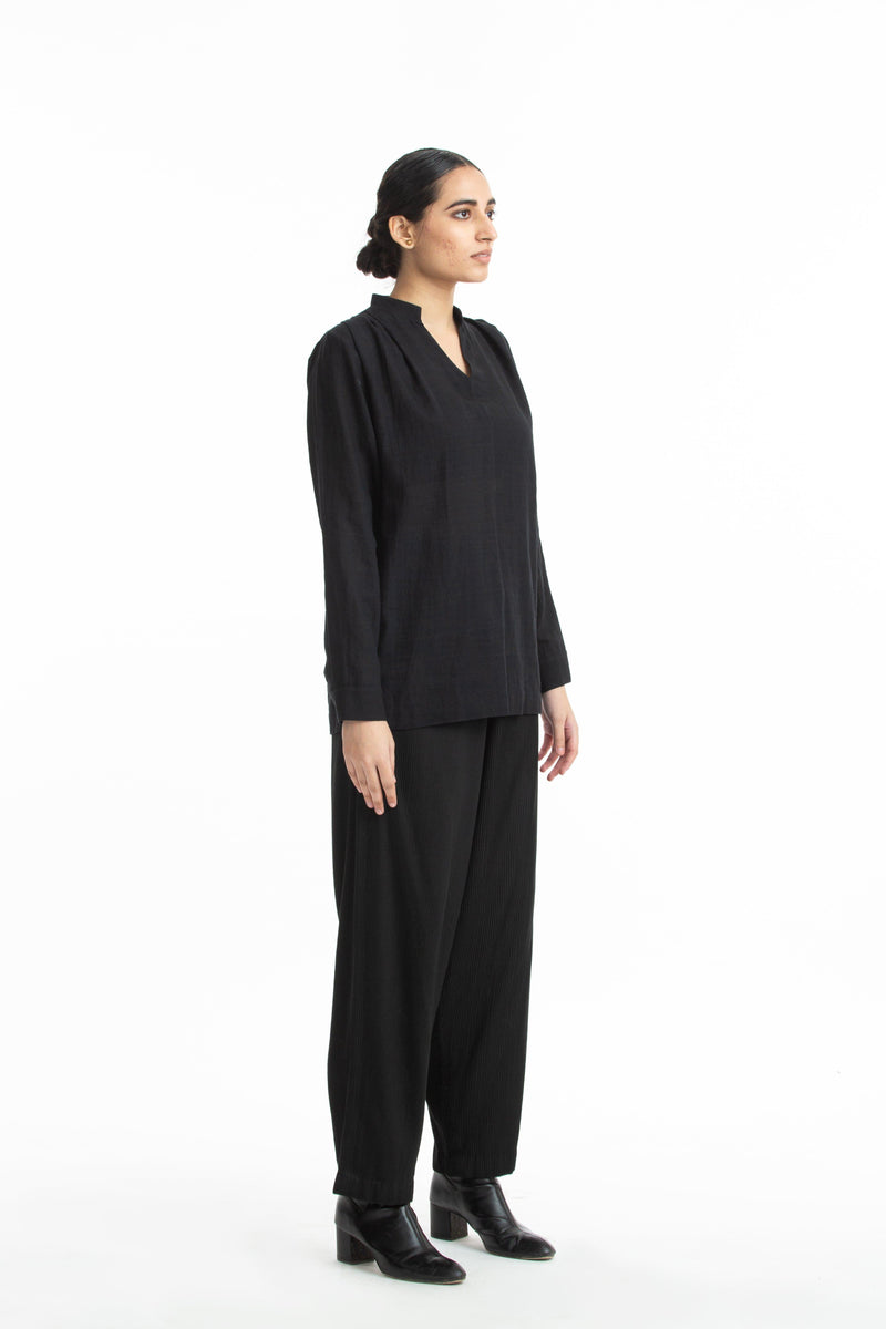 Handwoven Collared Black Cotton Top by Akaaro for women Worldwide