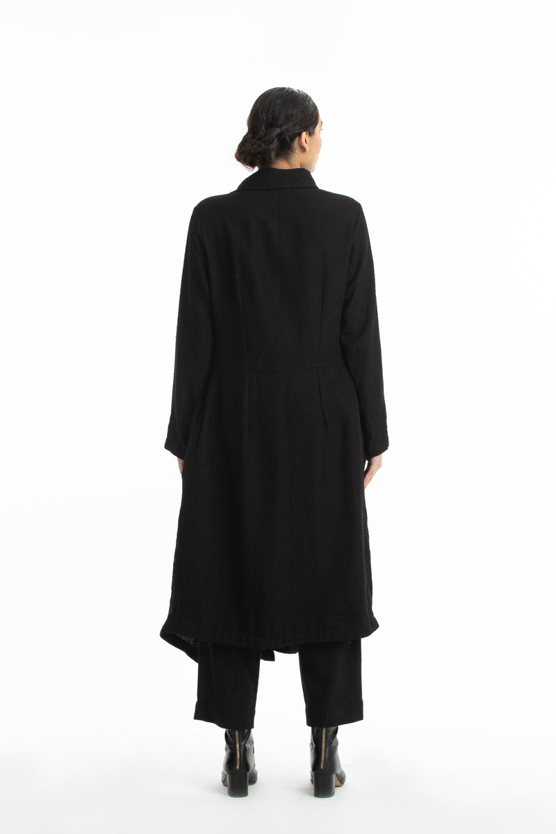 Handwoven Collared Side Gathered Black Marino Wool Coat by Akaaro for women Worldwide