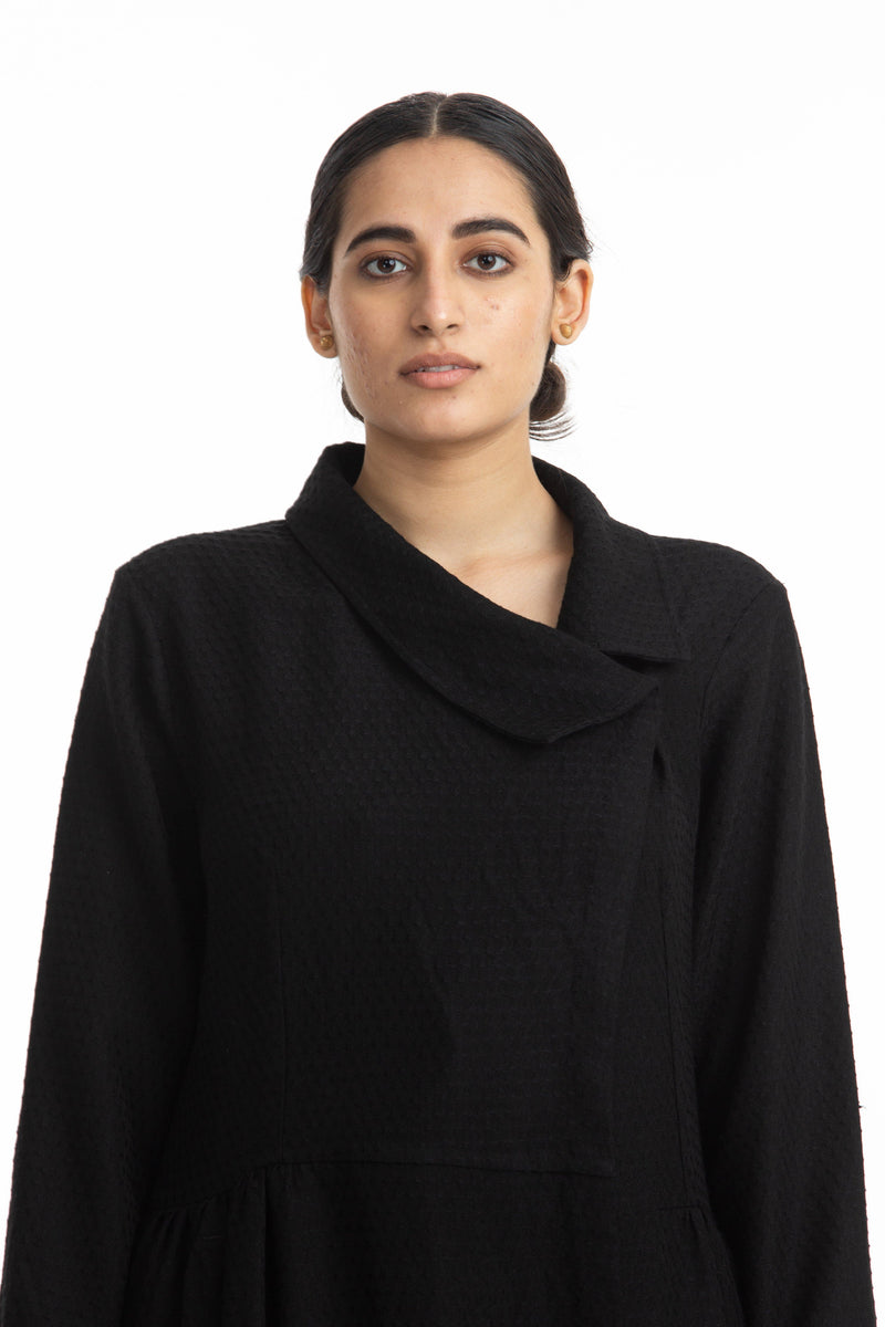 Handwoven Collared Side Gathered Black Marino Wool Coat by Akaaro for women Worldwide
