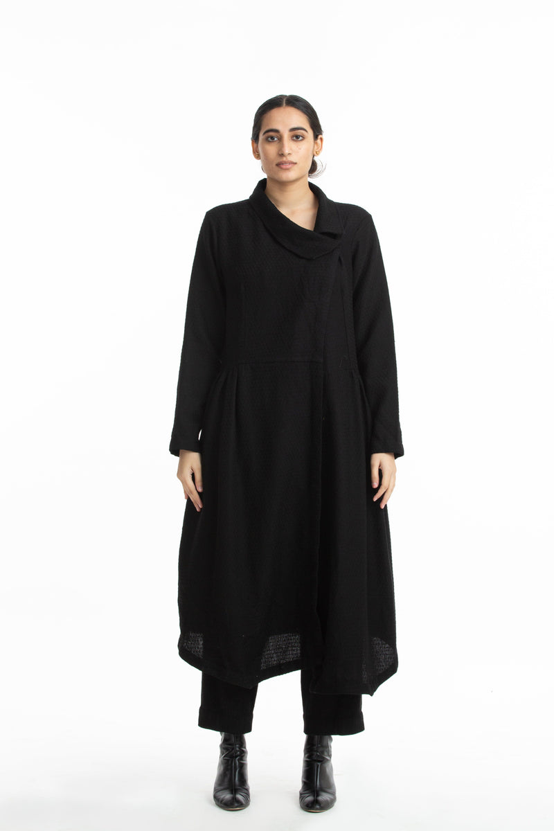 Handwoven Collared Side Gathered Black Marino Wool Coat by Akaaro for women Worldwide