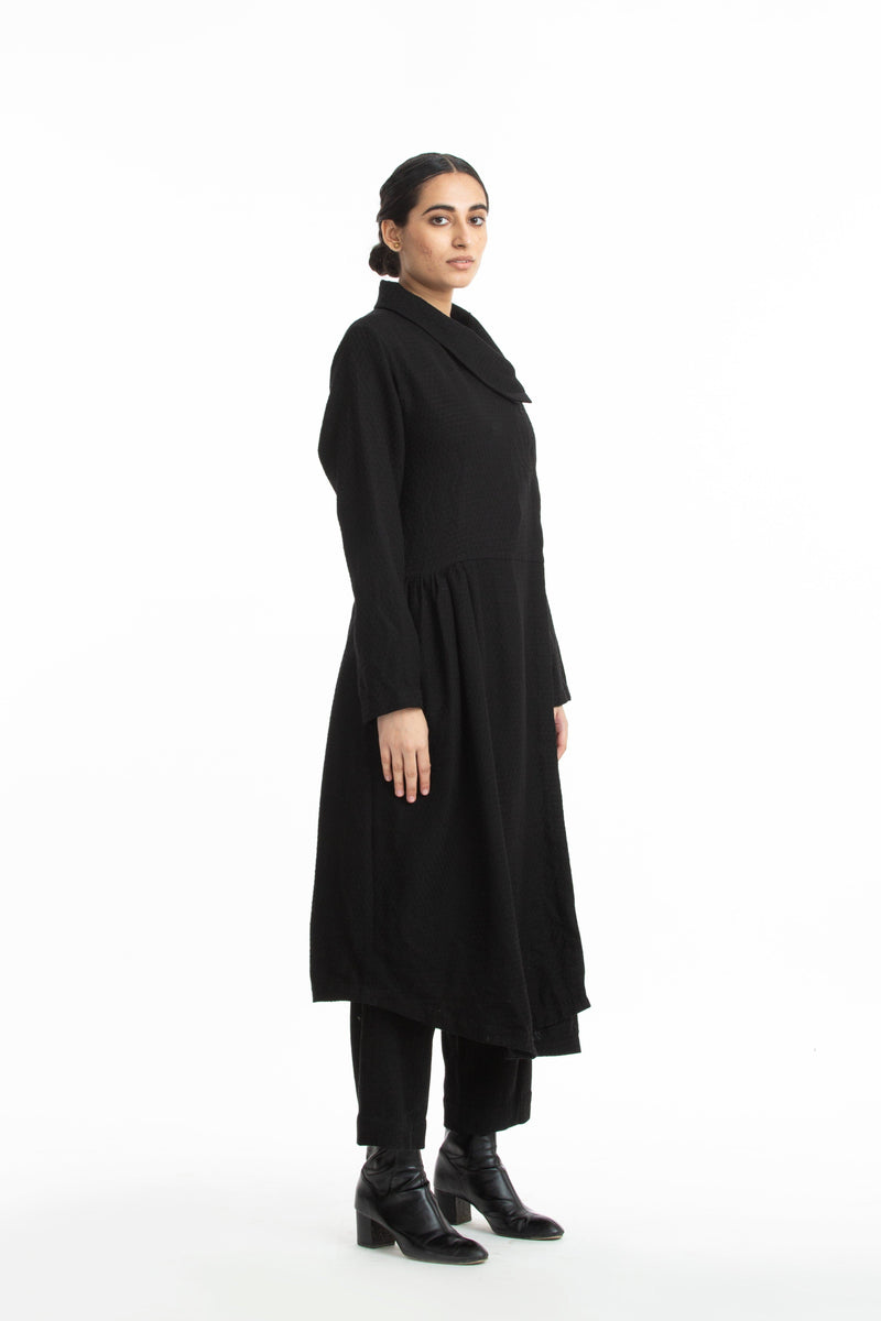 Handwoven Collared Side Gathered Black Marino Wool Coat by Akaaro for women Worldwide