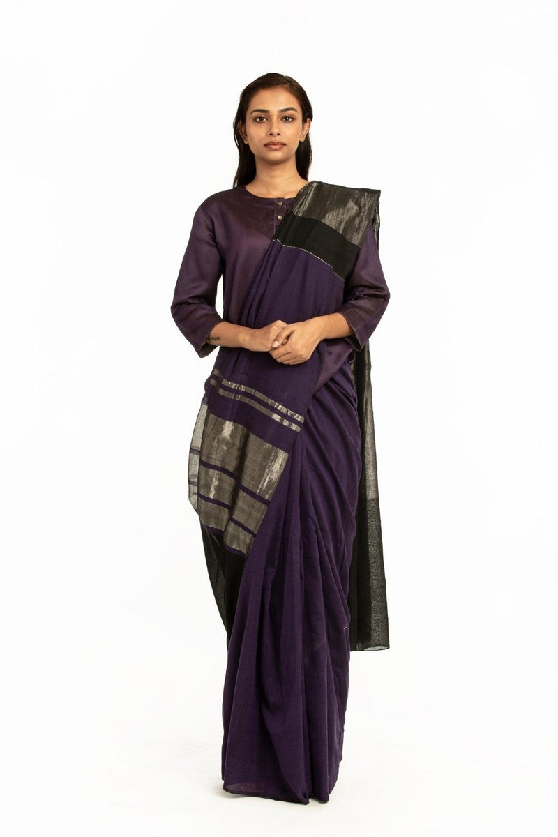 Handwoven Deep Purple Black Engineered Cotton Saree by Akaaro for women Worldwide