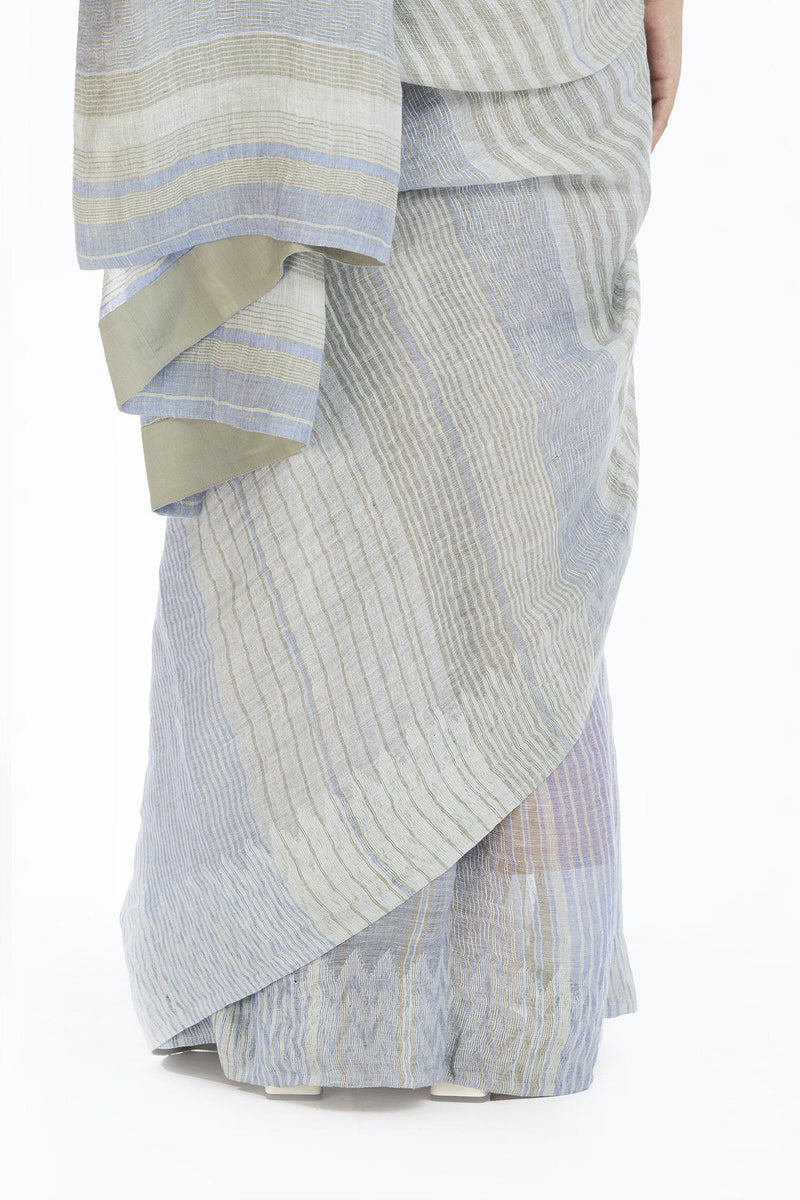 Handwoven Engineered Jaamdani Striped Linen Saree linen by Akaaro for women Worldwide