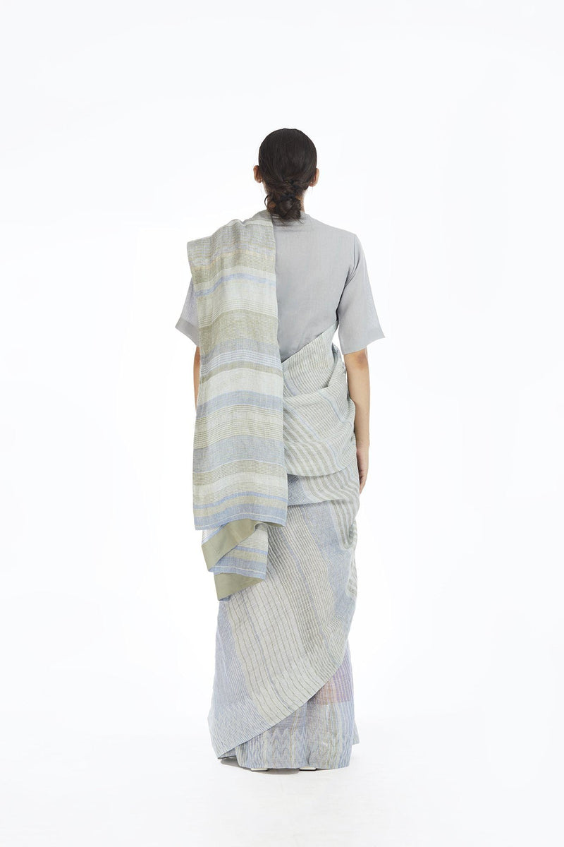 Handwoven Engineered Jaamdani Striped Linen Saree linen by Akaaro for women Worldwide
