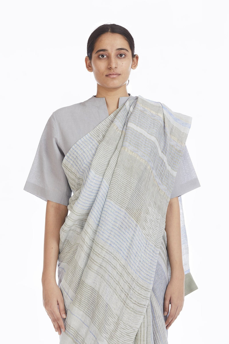 Handwoven Engineered Jaamdani Striped Linen Saree linen by Akaaro for women Worldwide