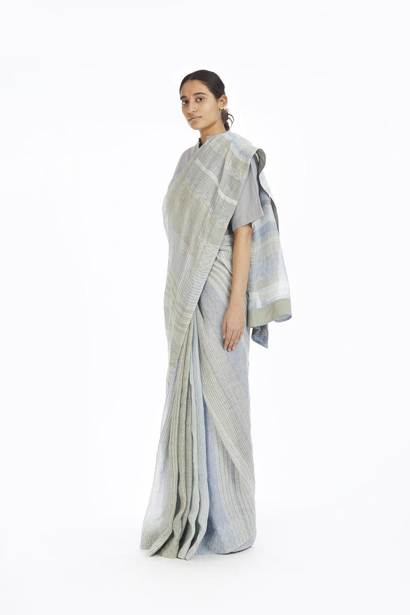 Handwoven Engineered Jaamdani Striped Linen Saree linen by Akaaro for women Worldwide