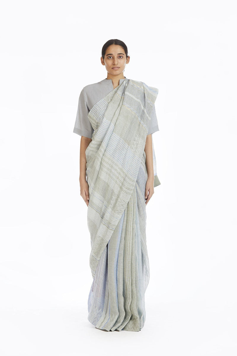 Handwoven Engineered Jaamdani Striped Linen Saree linen by Akaaro for women Worldwide