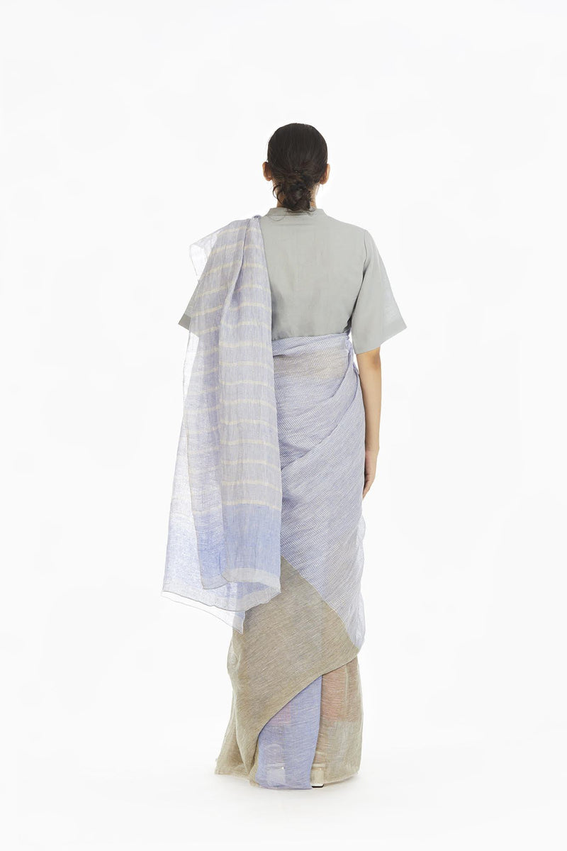 Handwoven Engineered Olive Blue Striped Saree by Akaaro for women Worldwide