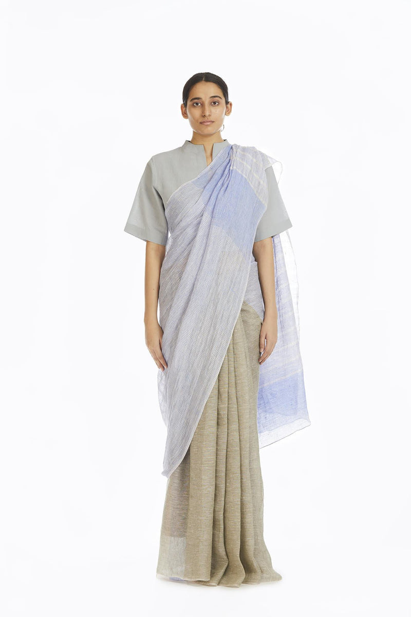 Handwoven Engineered Olive Blue Striped Saree by Akaaro for women Worldwide