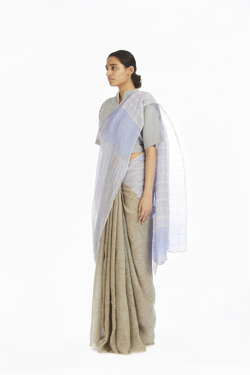 Handwoven Engineered Olive Blue Striped Saree by Akaaro for women Worldwide