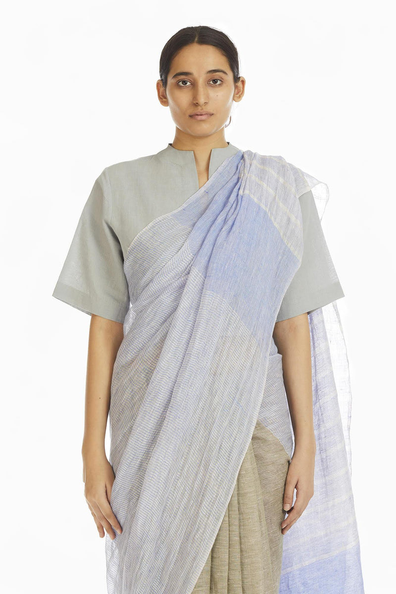 Handwoven Engineered Olive Blue Striped Saree by Akaaro for women Worldwide