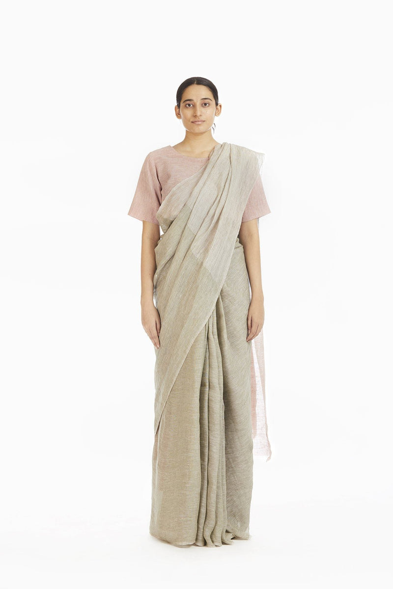 Handwoven Engineered Olive Soft Pink Linen Saree linen by Akaaro for women Worldwide